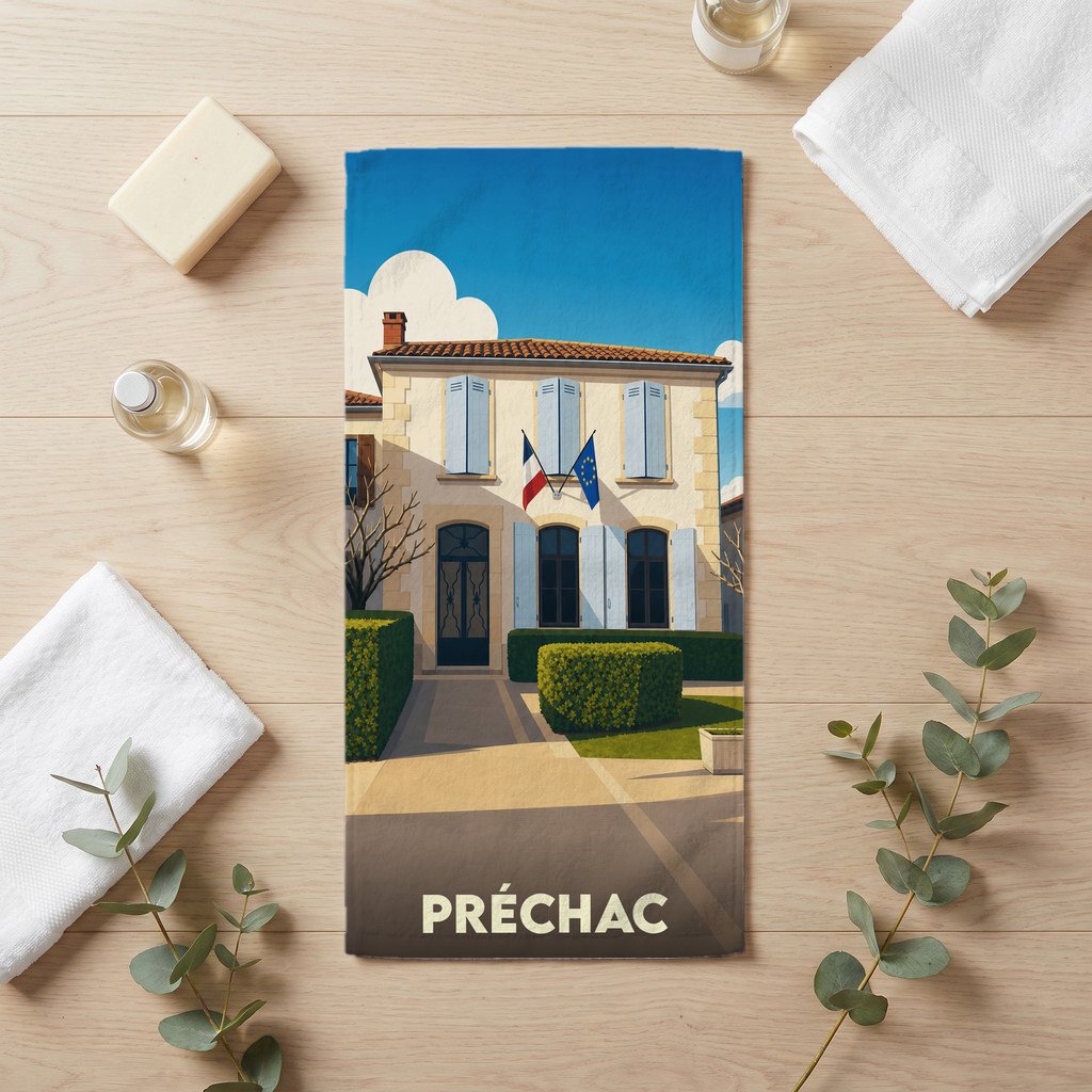 Serviette de bain souvenir de la ville de Préchac avec une illustration stylisée de sa mairie.