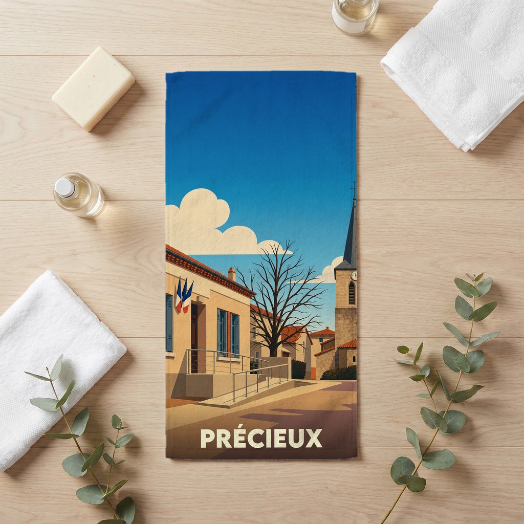Serviette de bain souvenir de la ville de Précieux avec une illustration stylisée.