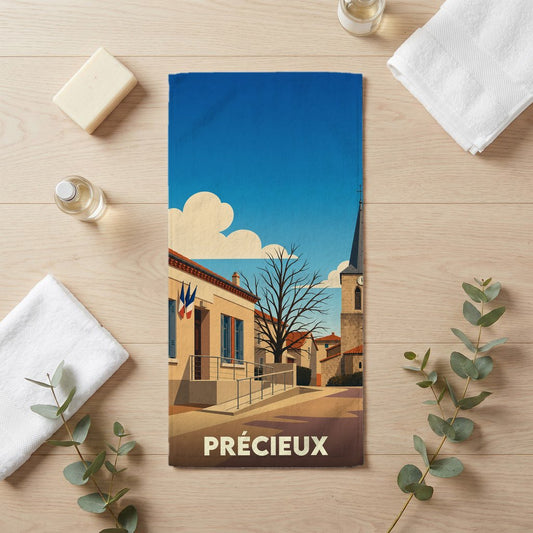 Serviette de bain souvenir de la ville de Précieux avec une illustration stylisée.
