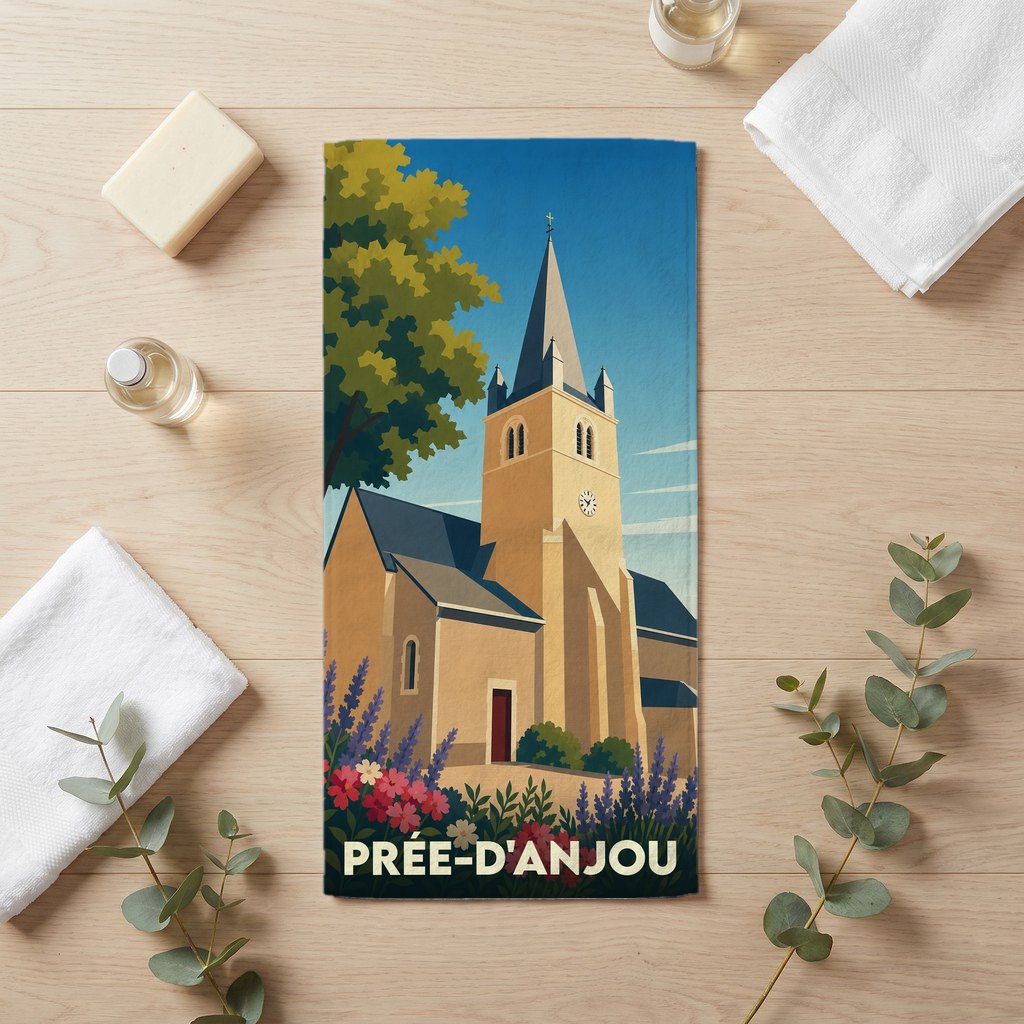 Serviette de bain souvenir de la ville de Prée-d'Anjou avec une illustration stylisée de son église.