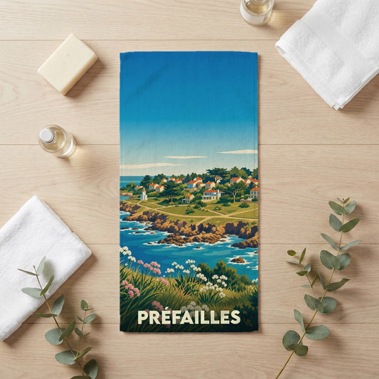 Serviette de bain souvenir de la ville de Préfailles avec une illustration stylisée de son littoral.