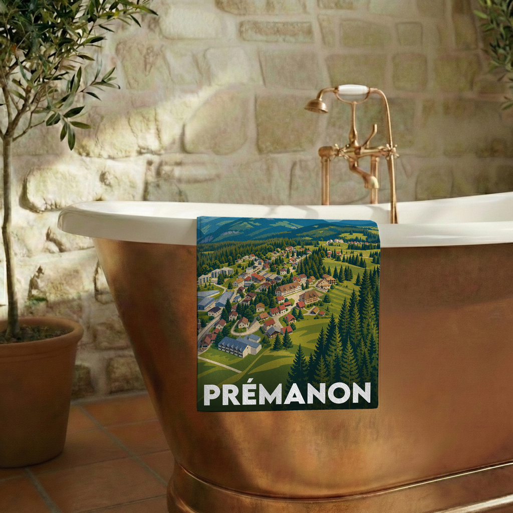 Serviette de bain souvenir de la ville de Prémanon avec une illustration stylisée du village de montagne.
