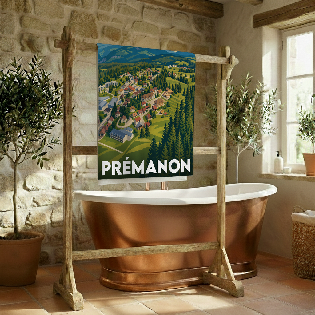 Serviette de bain souvenir de la ville de Prémanon avec une illustration stylisée.