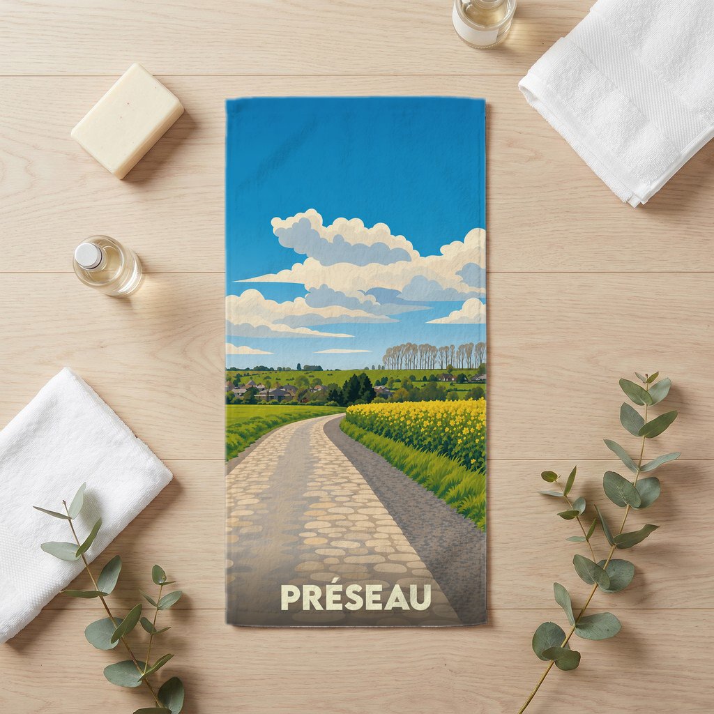 Serviette de bain souvenir de la ville de Préseau illustrée d'un paysage champêtre stylisé.