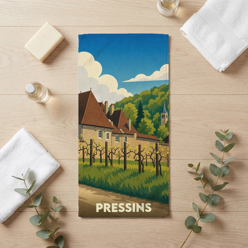 Serviette de bain souvenir de la ville de Pressins avec une illustration stylisée d'un paysage de vignoble.