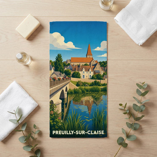Serviette de bain souvenir de la ville de Preuilly-sur-Claise avec une illustration stylisée.