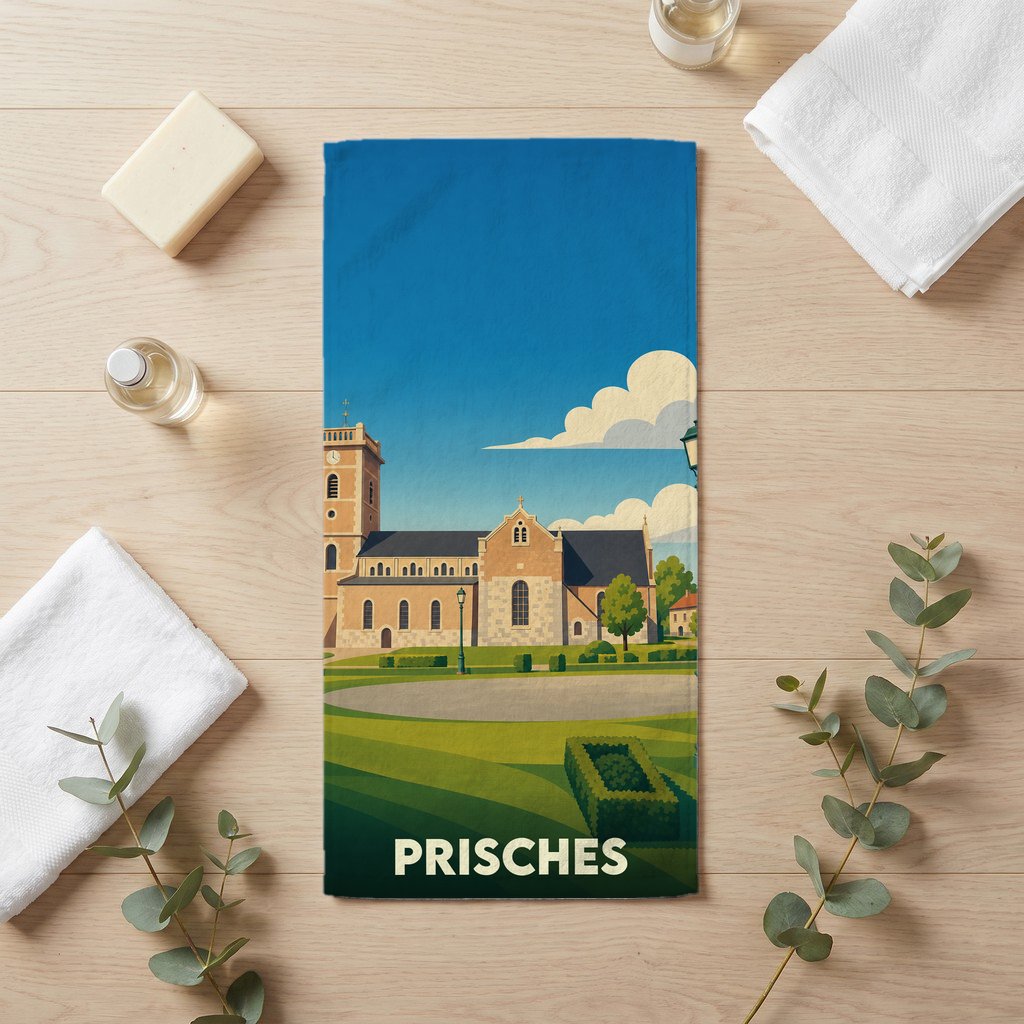 Serviette de bain souvenir de la ville de Prisches avec une illustration stylisée.