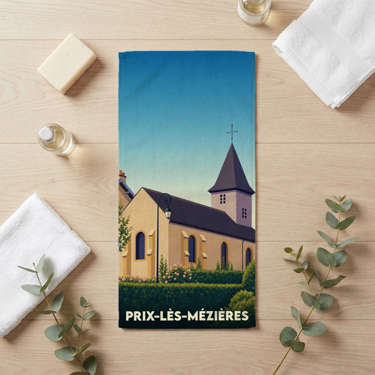 Serviette de bain souvenir de la ville de Prix-lès-Mézières avec une illustration stylisée de son église.