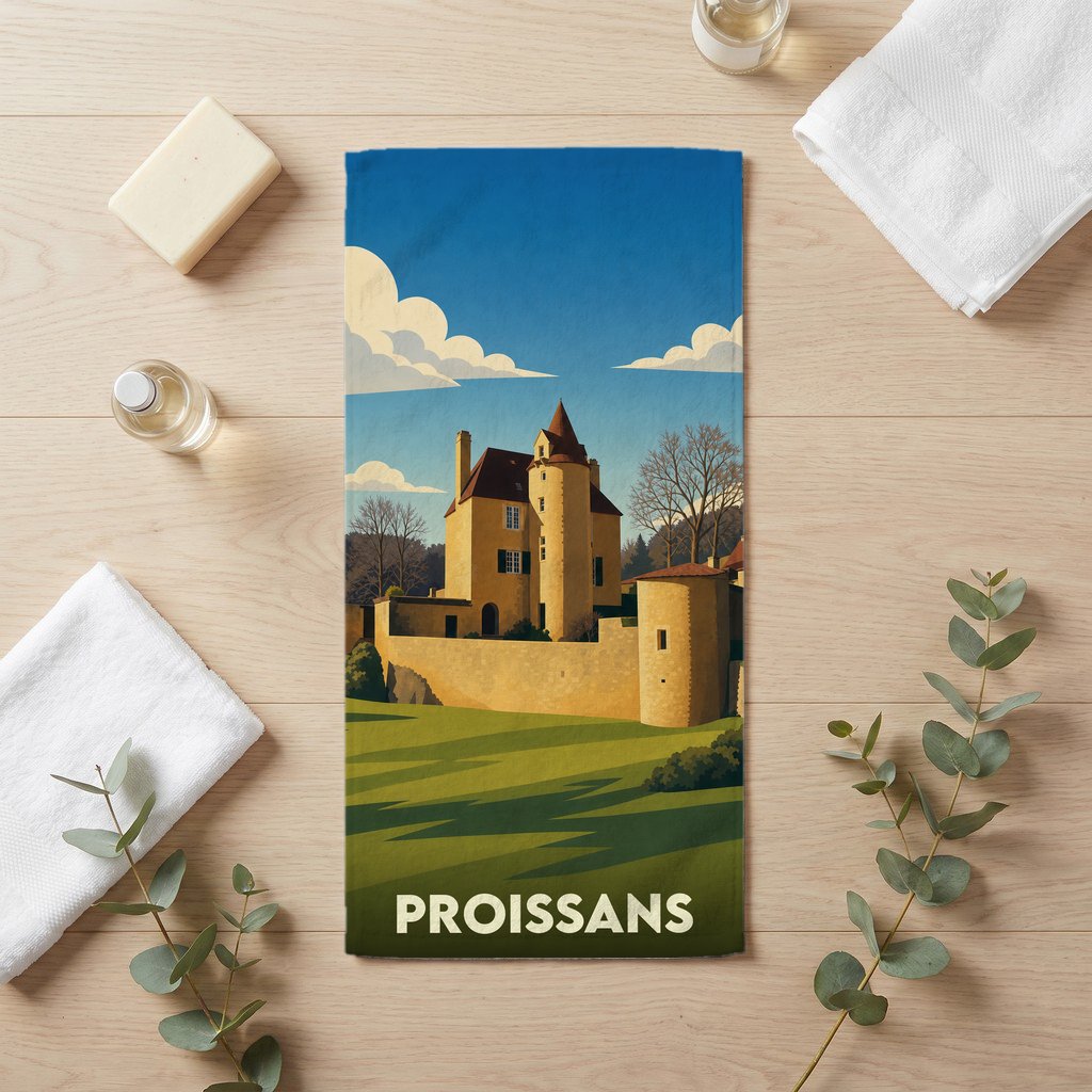 Serviette de bain souvenir de la ville de Proissans avec une illustration stylisée d'un château.