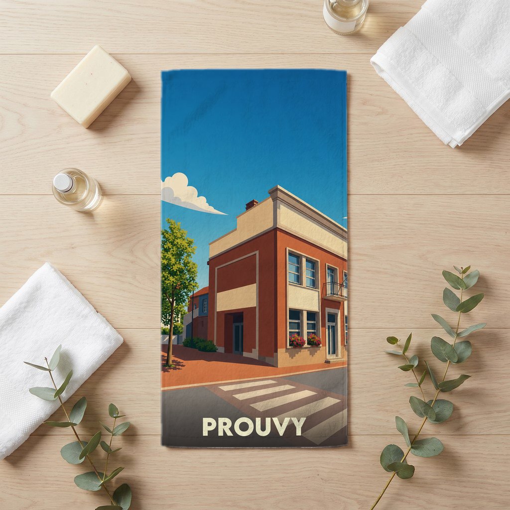 Serviette de bain souvenir de la ville de Prouvy avec une illustration stylisée d'un bâtiment urbain.