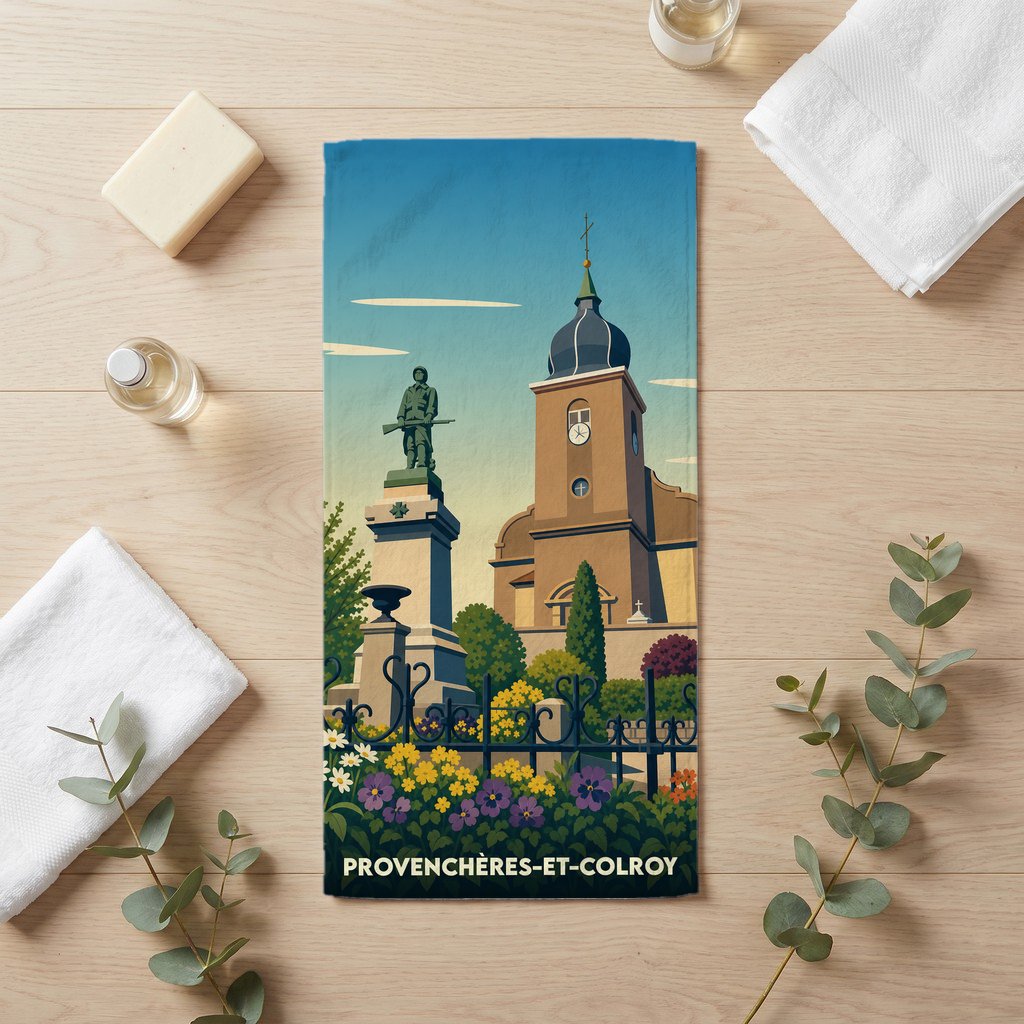 Serviette de bain souvenir de Provenchères-et-Colroy avec une illustration stylisée de son église et de son monument.