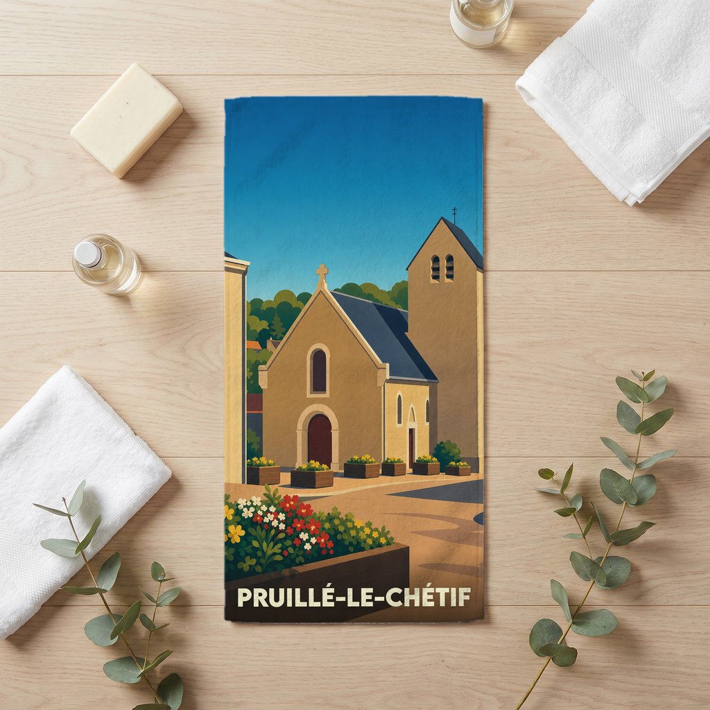 Serviette de bain souvenir de la ville de Pruillé-le-Chétif avec une illustration stylisée de son église.