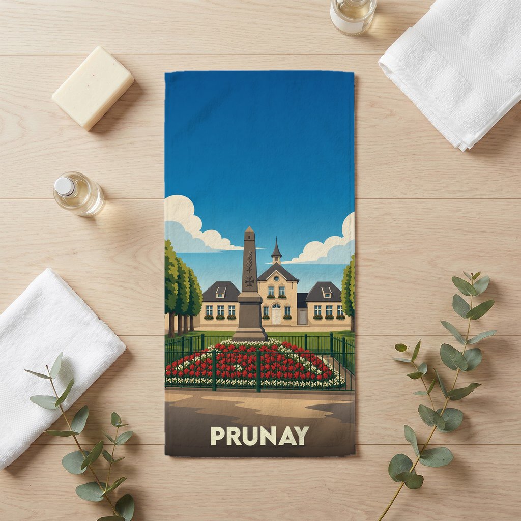 Serviette de bain souvenir de la ville de Prunay avec une illustration stylisée de son monument aux morts et de sa mairie.