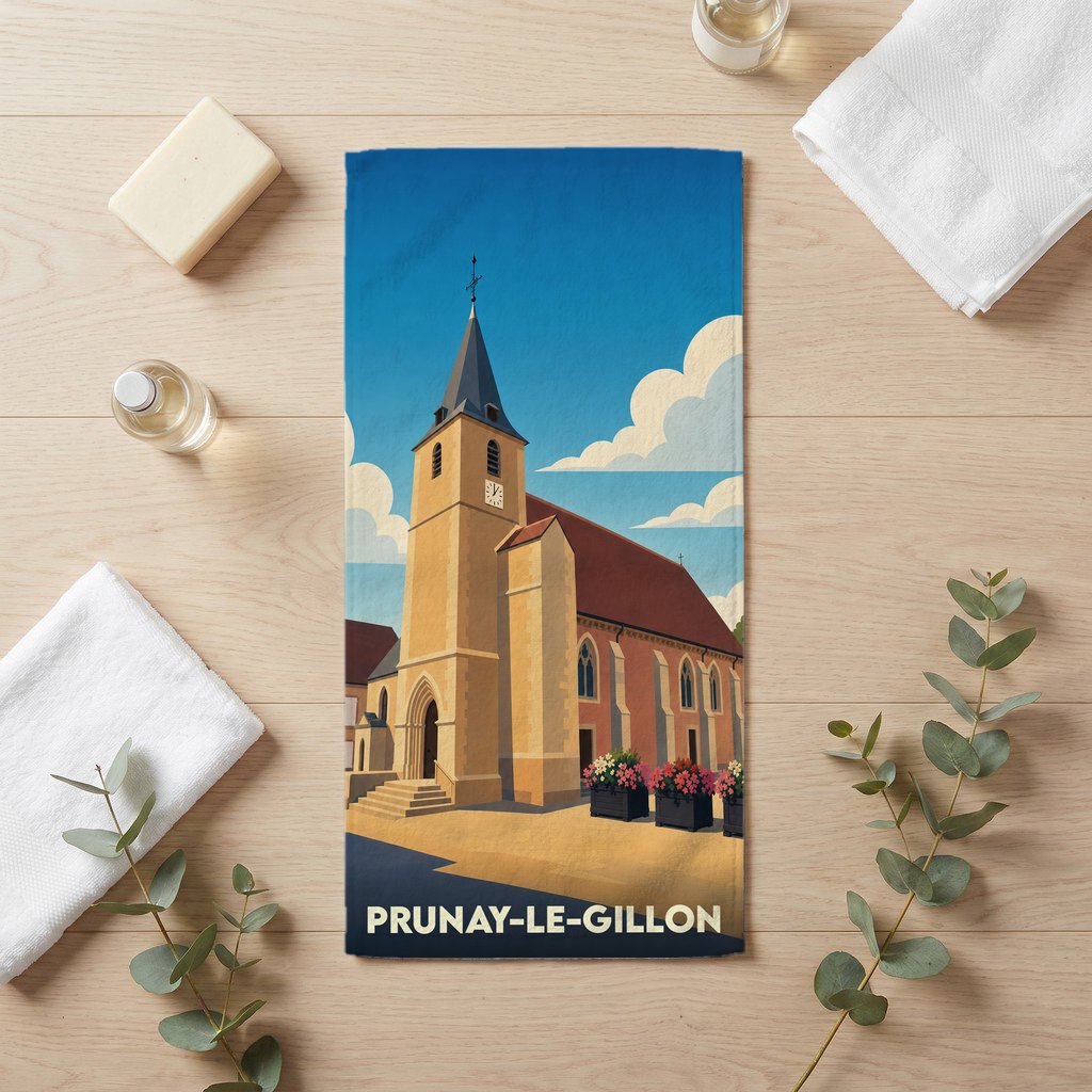 Serviette de bain souvenir de la ville de Prunay-le-Gillon avec une illustration stylisée de son église.