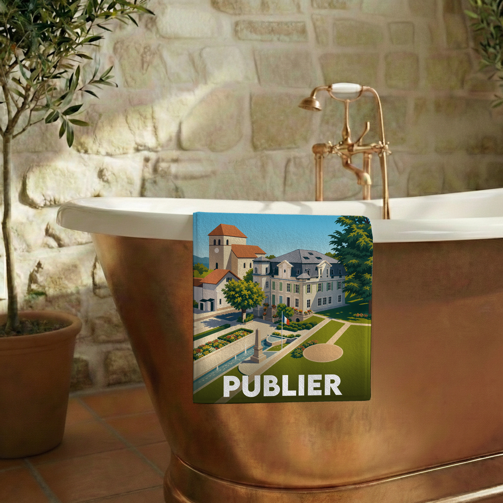 Serviette de bain souvenir de la ville de Publier avec une illustration stylisée.