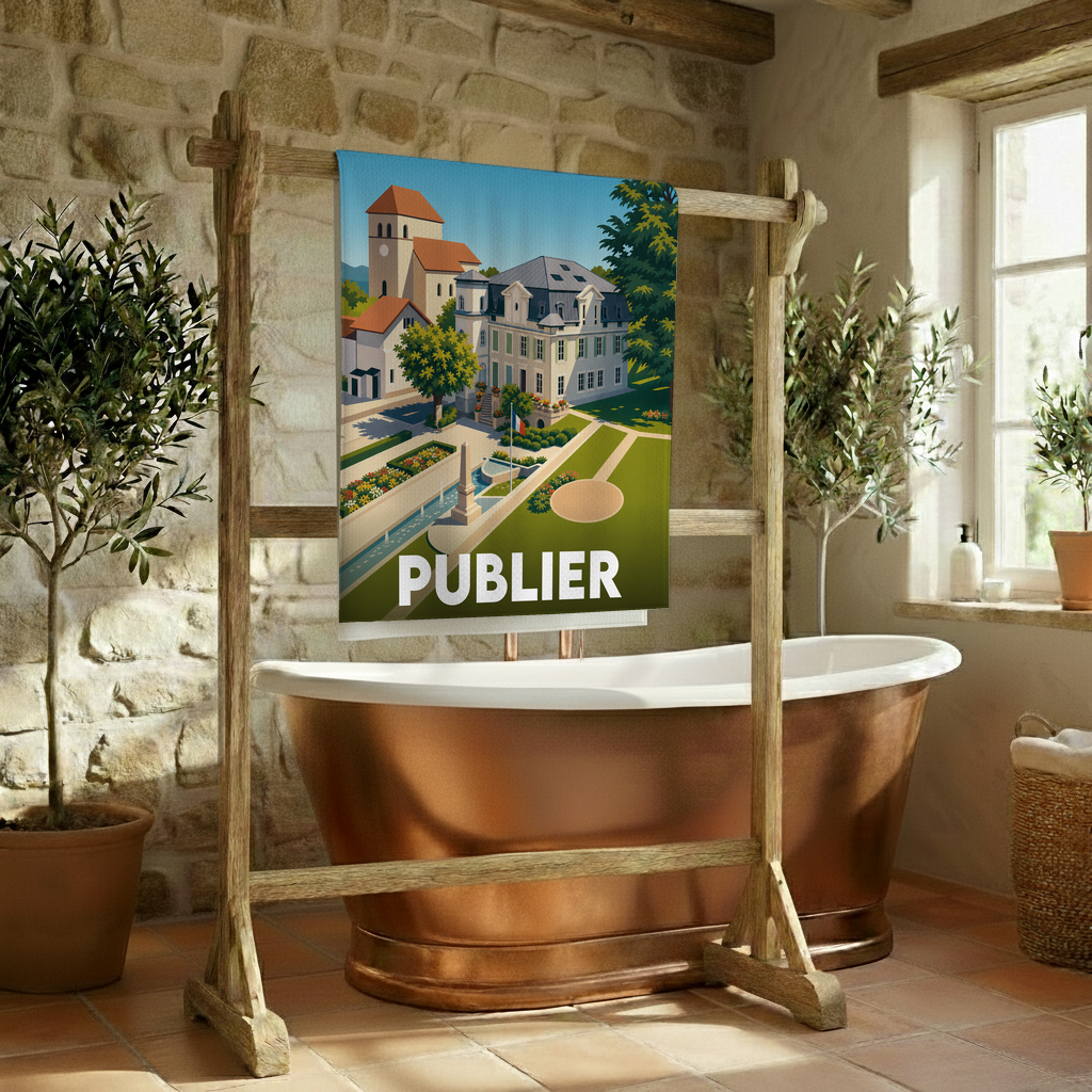 Serviette de bain souvenir de la ville de Publier avec une illustration stylisée.