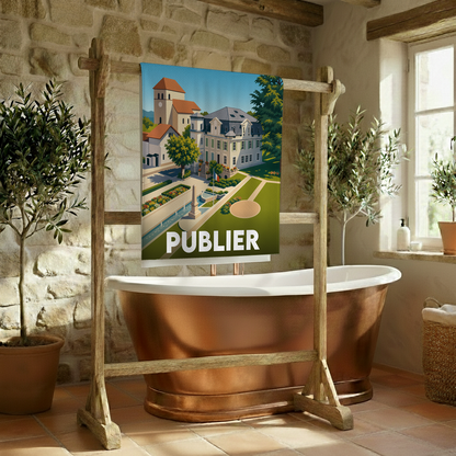 Serviette de bain souvenir de la ville de Publier avec une illustration stylisée.