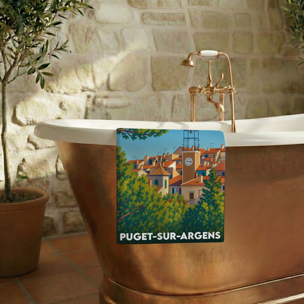 Serviette de bain souvenir de la ville de Puget-sur-Argens avec une illustration stylisée.