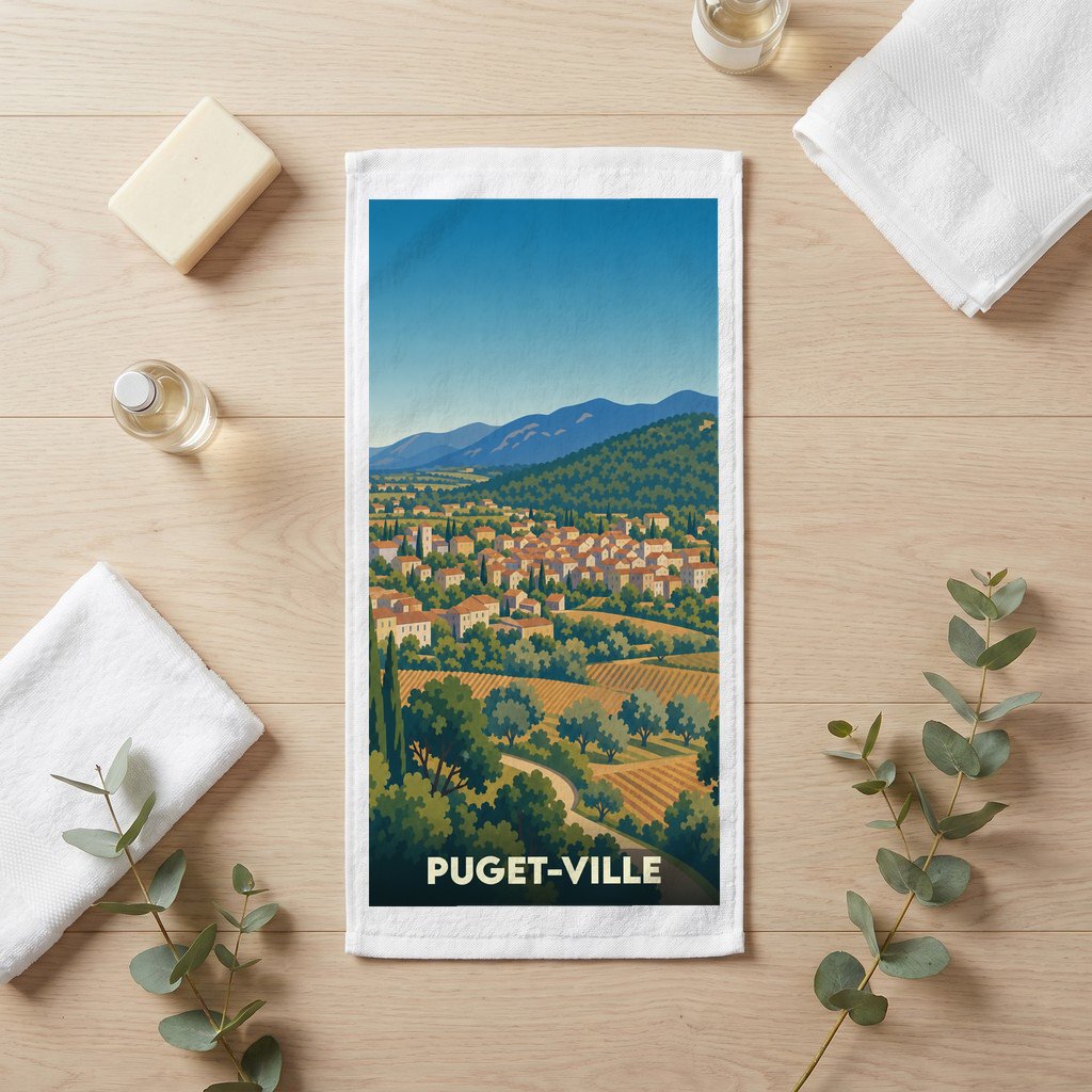Serviette de bain souvenir de Puget-Ville ornée d'une illustration stylisée de ses paysages provençaux.