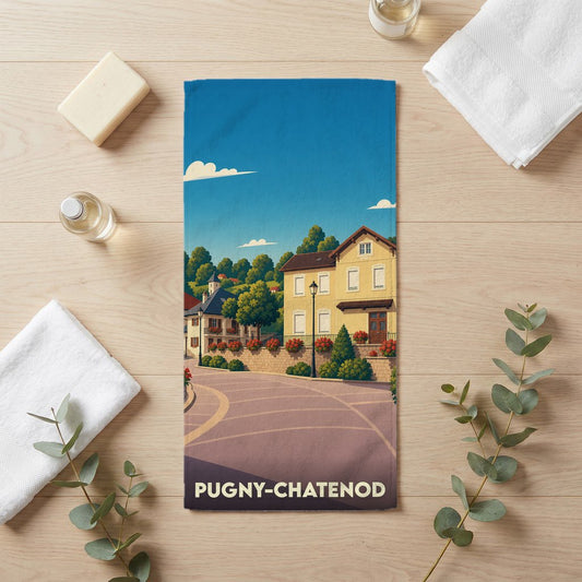 Serviette de bain souvenir de la ville de Pugny-Chatenod avec une illustration stylisée.