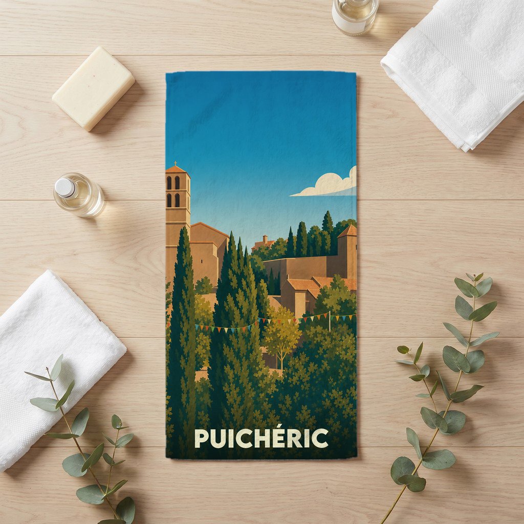 Serviette de bain souvenir de la ville de Puichéric avec une illustration stylisée.