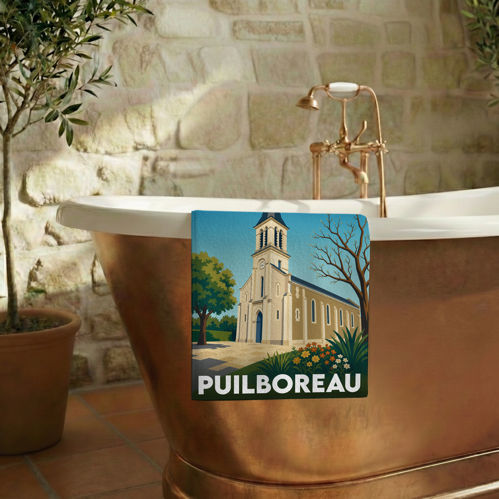 Serviette de bain souvenir de la ville de Puilboreau avec une illustration stylisée de son église.