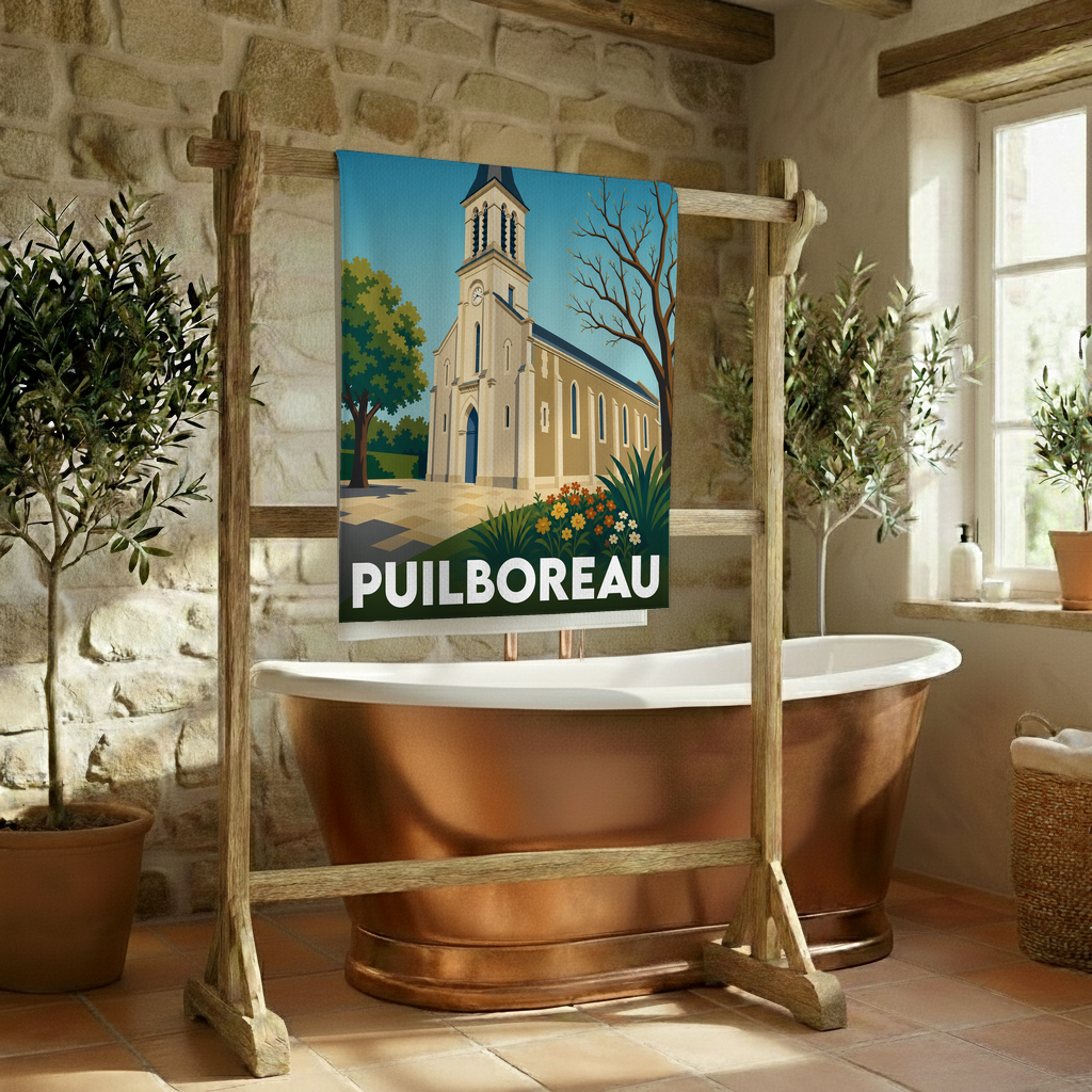 Serviette de bain souvenir de la ville de Puilboreau avec une illustration stylisée de son église.