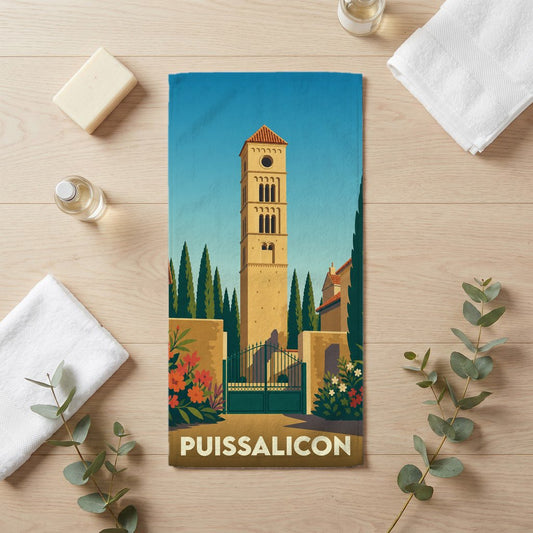 Serviette de bain souvenir de la ville de Puissalicon avec une illustration stylisée de sa tour médiévale.