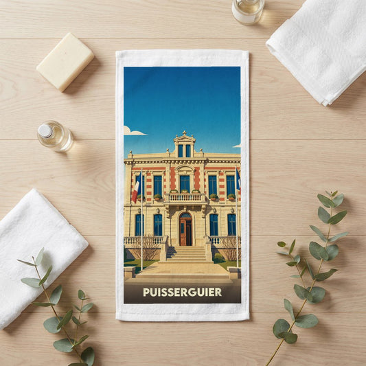 Serviette de bain souvenir de la ville de Puisserguier avec une illustration stylisée de sa mairie.
