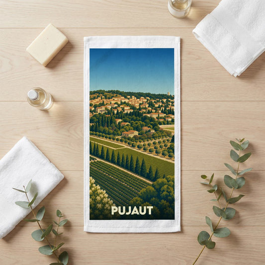 Serviette de bain souvenir de la ville de Pujaut avec une illustration stylisée d'un paysage provençal.