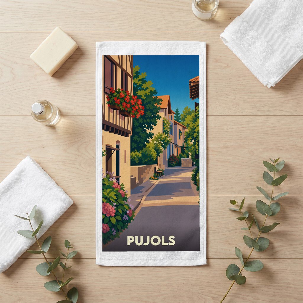 Serviette de bain souvenir de la ville de Pujols avec une illustration stylisée d'une ruelle ensoleillée.