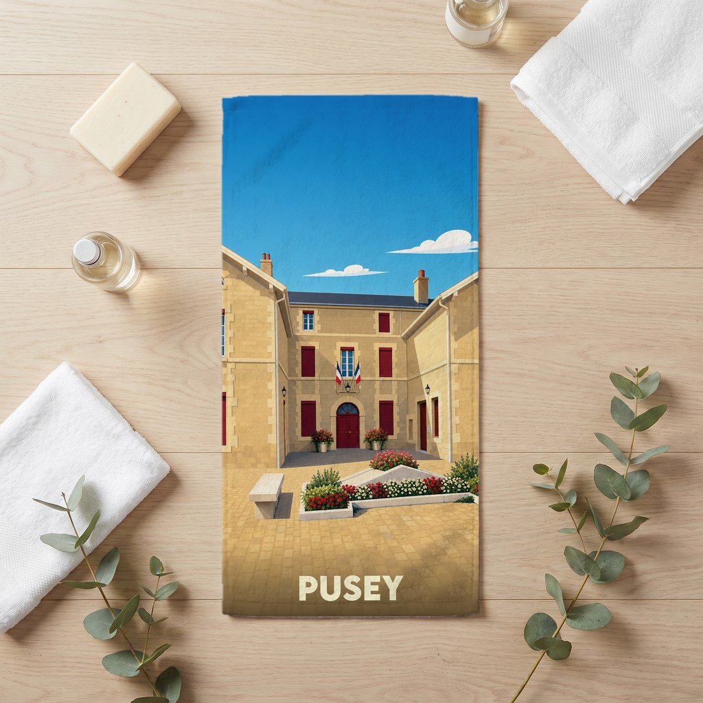 Serviette de bain souvenir de la ville de Pusey avec une illustration stylisée.