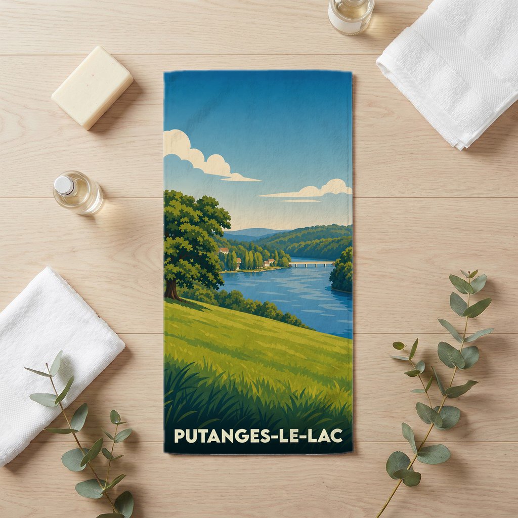 Serviette de bain souvenir de la ville de Putanges-le-Lac avec une illustration stylisée d'un paysage de lac.