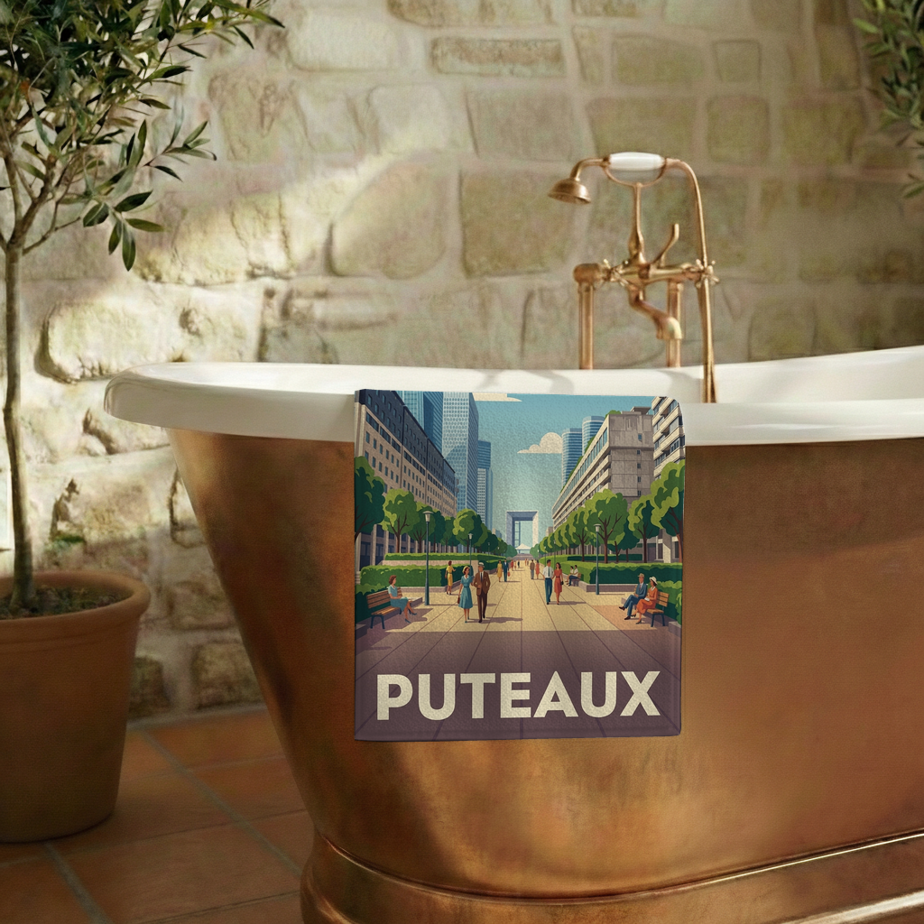 Serviette de bain souvenir de la ville de Puteaux avec une illustration stylisée de son paysage urbain.
