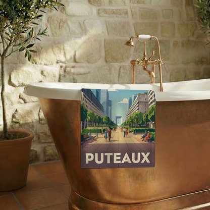 Serviette de bain souvenir de la ville de Puteaux avec une illustration stylisée de son paysage urbain.
