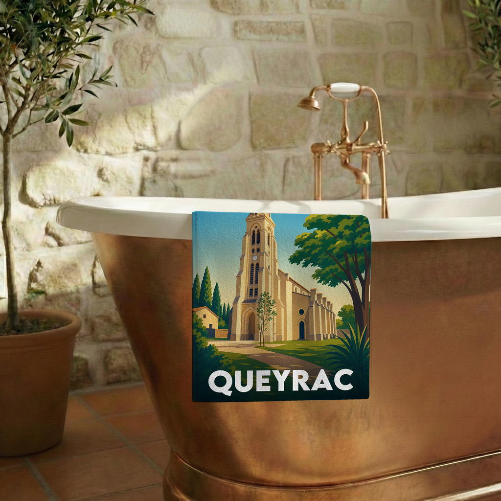Serviette de bain souvenir de la ville de Queyrac avec une illustration stylisée.