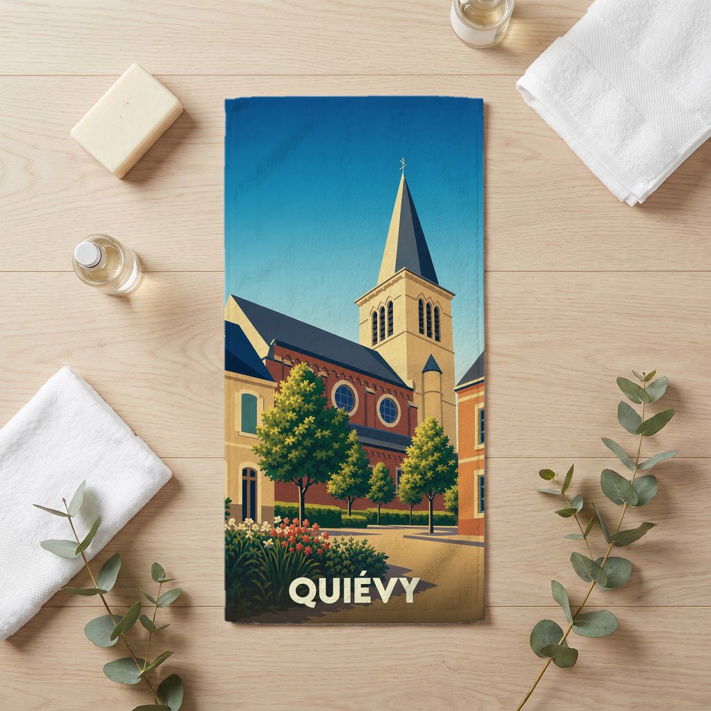 Serviette de bain souvenir de la ville de Quiévy avec une illustration stylisée de son église.