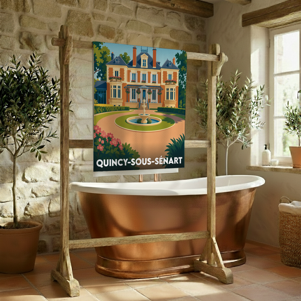 Serviette de bain souvenir de Quincy-sous-Sénart illustrée d'un manoir et d'un jardin stylisés.