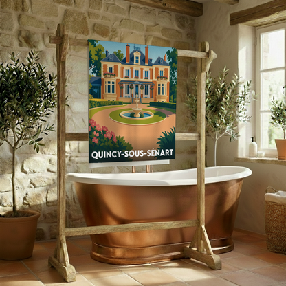 Serviette de bain souvenir de Quincy-sous-Sénart illustrée d'un manoir et d'un jardin stylisés.
