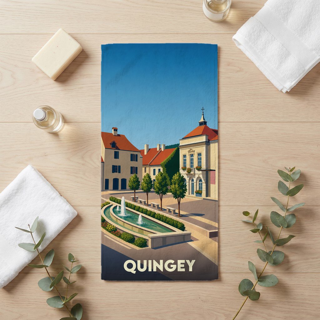 Serviette de bain souvenir de la ville de Quingey avec une illustration stylisée d'une place et d'une fontaine.