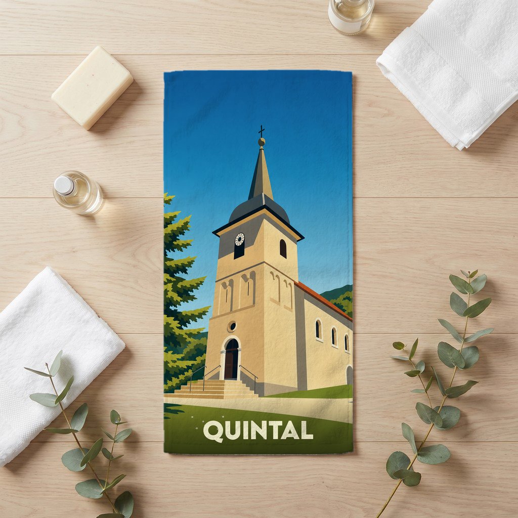 Serviette de bain souvenir de la ville de Quintal avec une illustration stylisée d'une église.