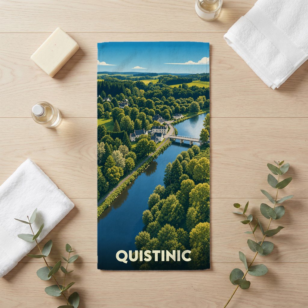 Serviette de bain souvenir de la ville de Quistinic avec une illustration stylisée de ses paysages verdoyants.