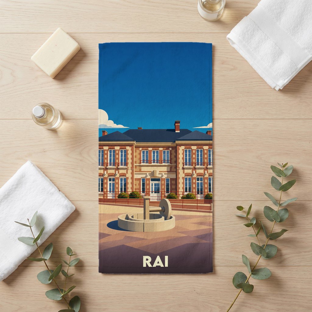 Serviette de bain souvenir de la ville de Rai avec une illustration stylisée d'un bâtiment historique et de sa fontaine.