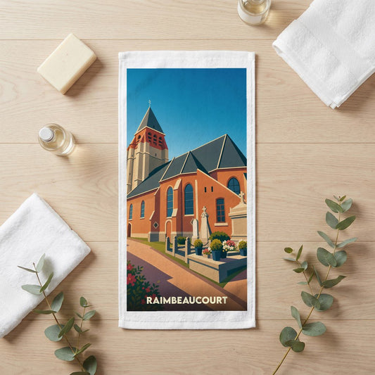 Serviette de bain souvenir de la ville de Raimbeaucourt avec une illustration stylisée de son église.