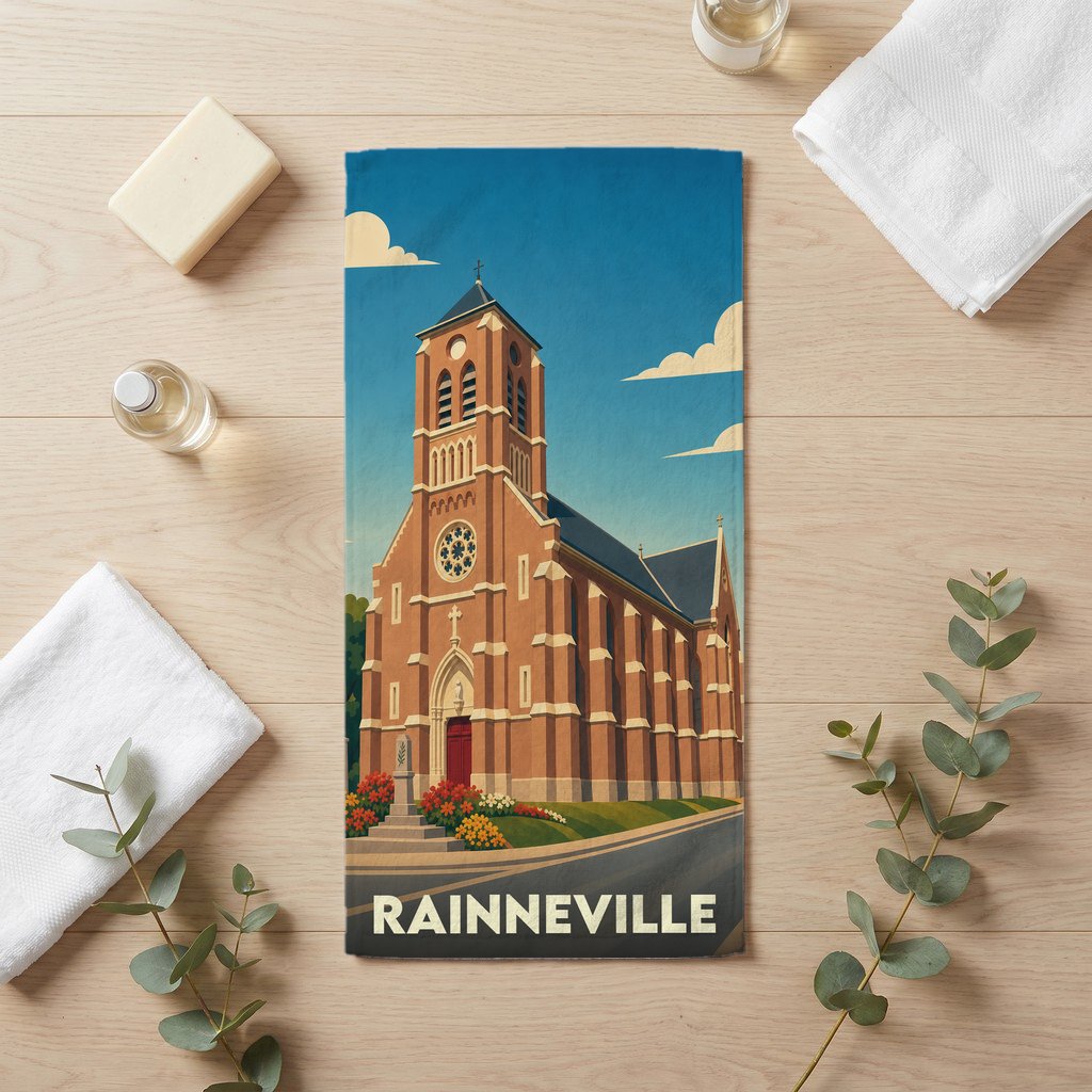 Serviette de bain souvenir de la ville de Rainneville avec une illustration stylisée d'église.