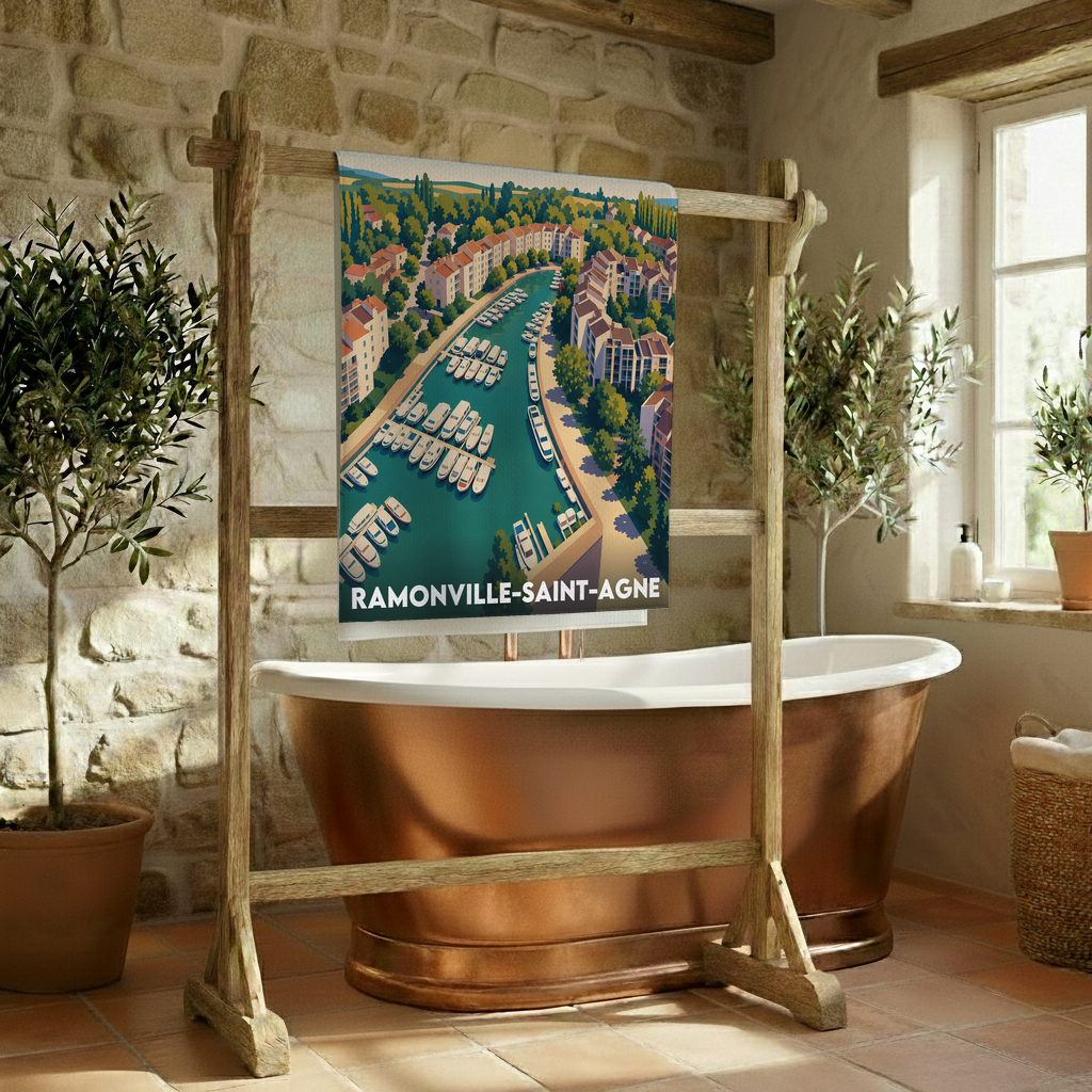 Serviette de bain souvenir de la ville de Ramonville-Saint-Agne avec une illustration panoramique stylisée.