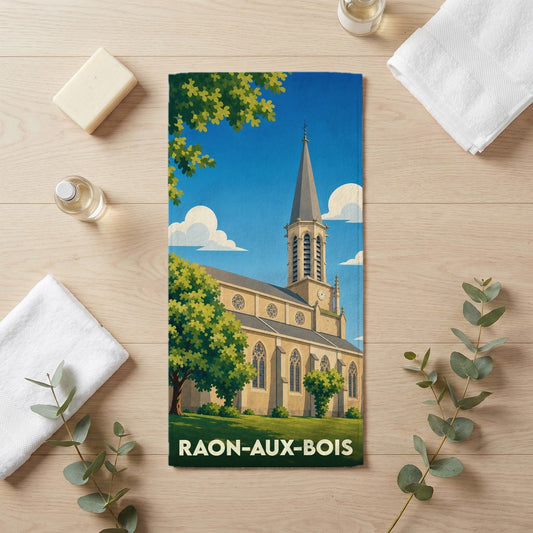 Serviette de bain souvenir de la ville de Raon-aux-Bois illustrant son église dans un style rétro.