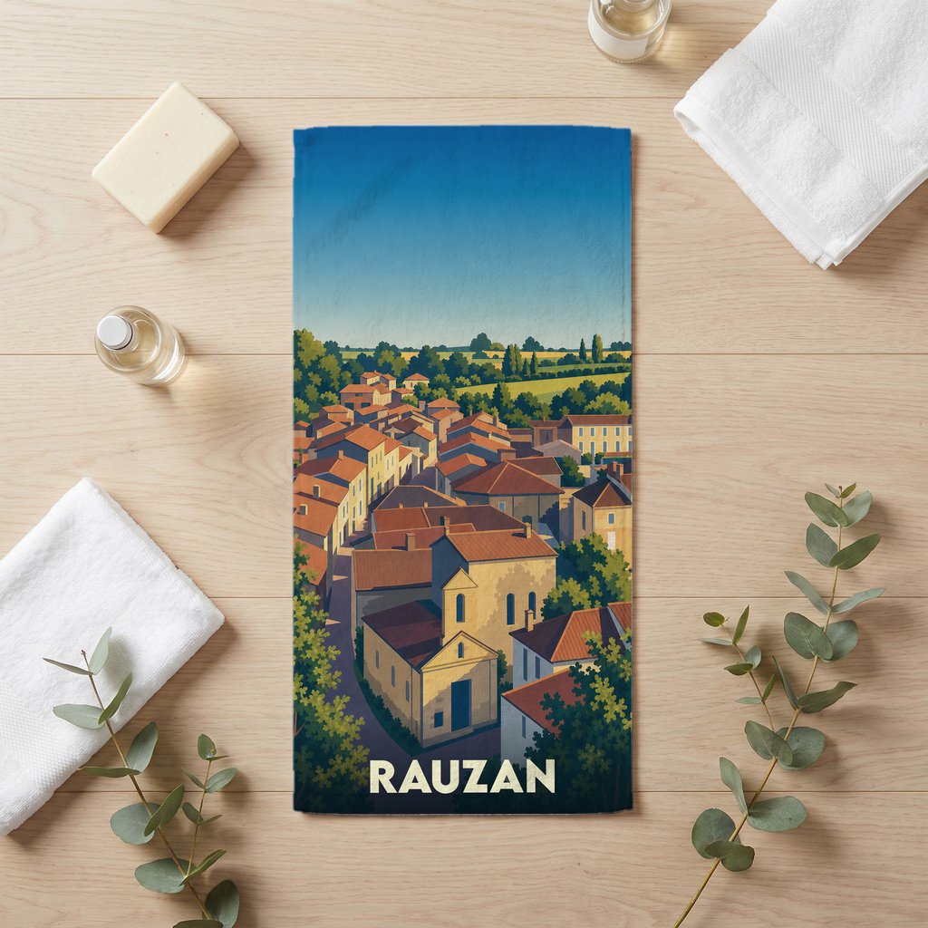 Serviette de bain souvenir de la ville de Rauzan illustrée par un paysage urbain stylisé.