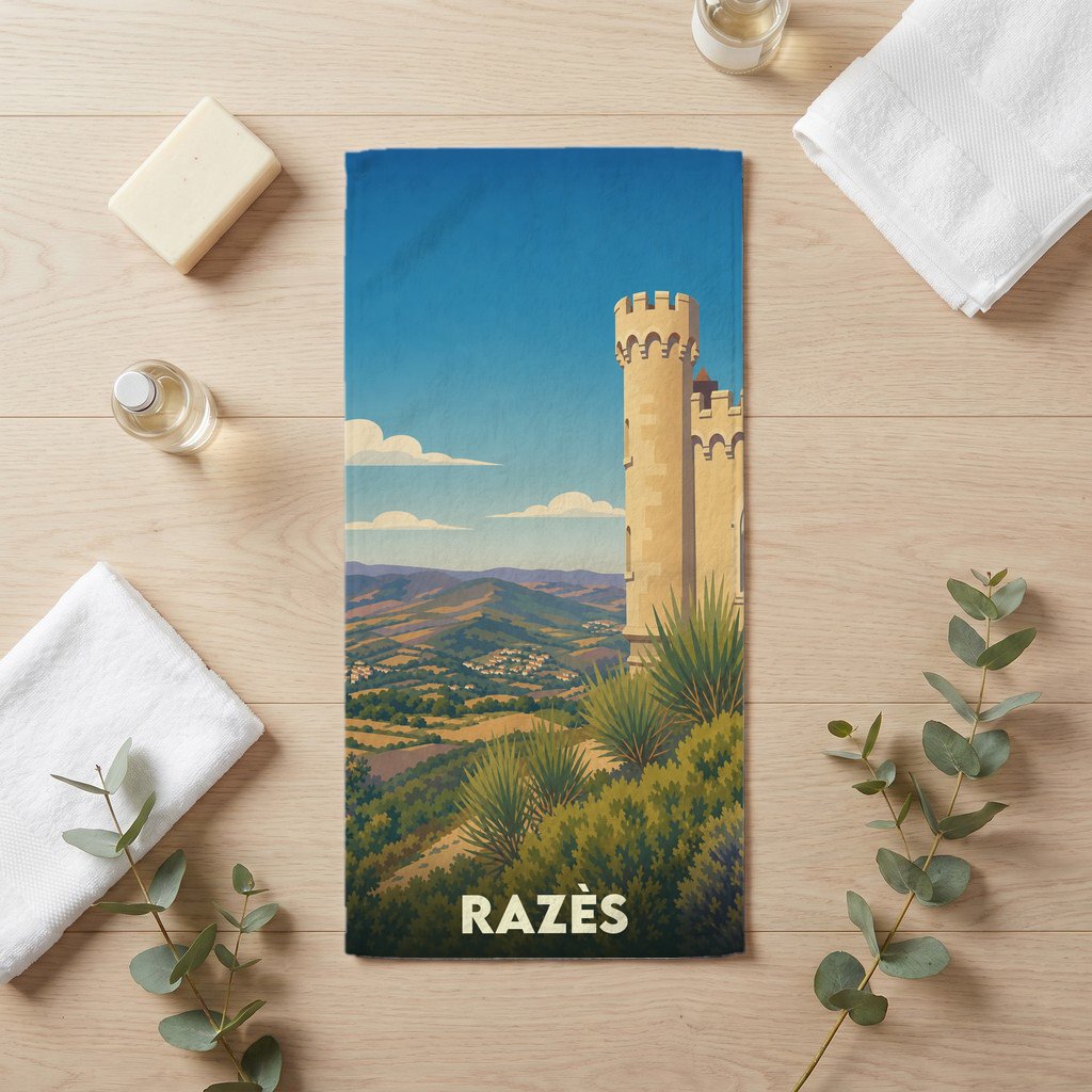 Serviette de bain souvenir de la ville de Razès avec une illustration stylisée d'une tour de château dominant un paysage vallonné.