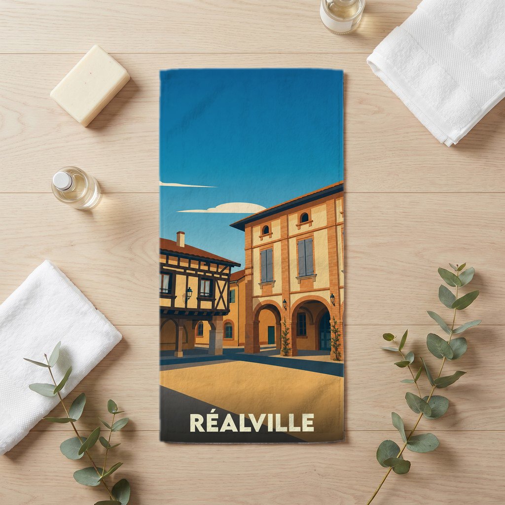 Serviette de bain souvenir de la ville de Réalville avec une illustration stylisée de son architecture.
